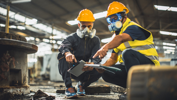 toxic chemical leak, safety team working on cleaning in factory workshop environment
