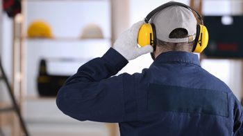 worker wearing safety headphones indoors, hearing protection